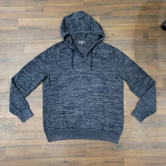 Express Sweater Pullover Striped Knit Hoodie Mens Grey Black Cotton Size Medium - Picture 1 of 7